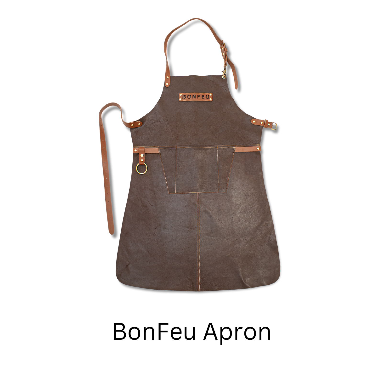 A cooking apron made from genuine brown leather with the BonFeu logo