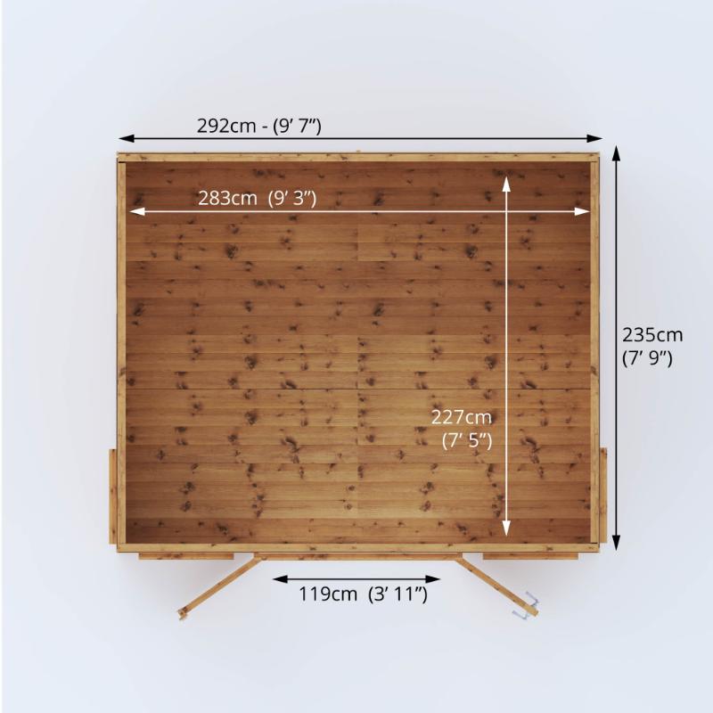 Dimensional drawing of the Mercia Helios Summerhouse 10x8 foot showing the interior and exterior width and length, and the door width.