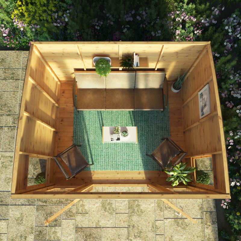 A birds eye view of the Mercia Helios Summerhouse 10x8 foot showcasing the interior decor.