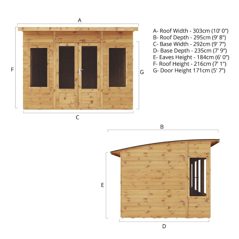 Dimensional drawing of the Mercia Helios Summerhouse 10x8 foot showing all of the dimensions.