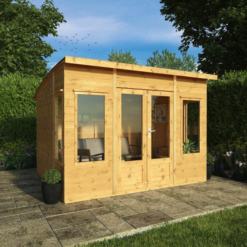 The 10x8 foot Mercia Helios Summerhouse on a sunny day in the garden.