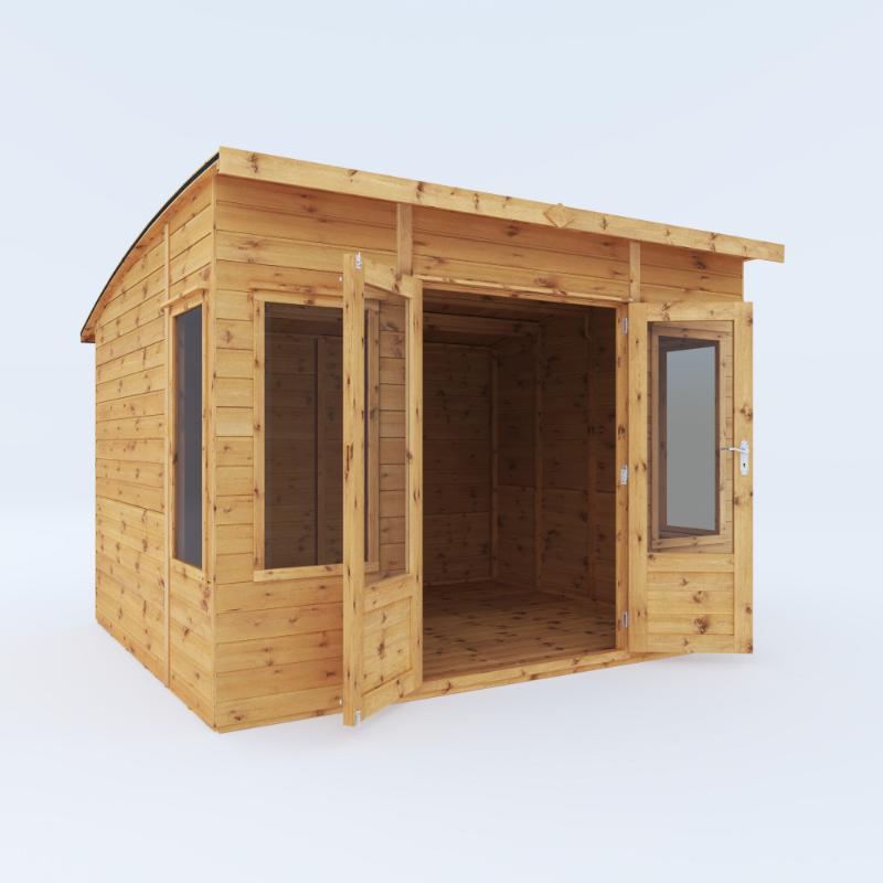 A front-right view of the Mercia Helios Summerhouse 10x8 foot with open double doors and a white background.