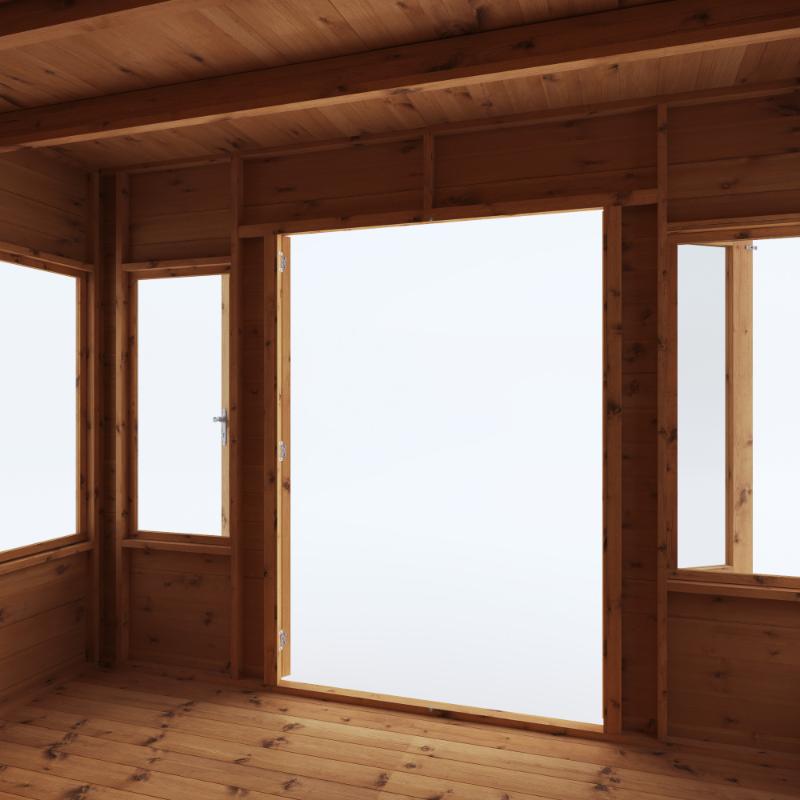 Looking out from inside the Mercia Helios Summerhouse 10x8 with a white background.