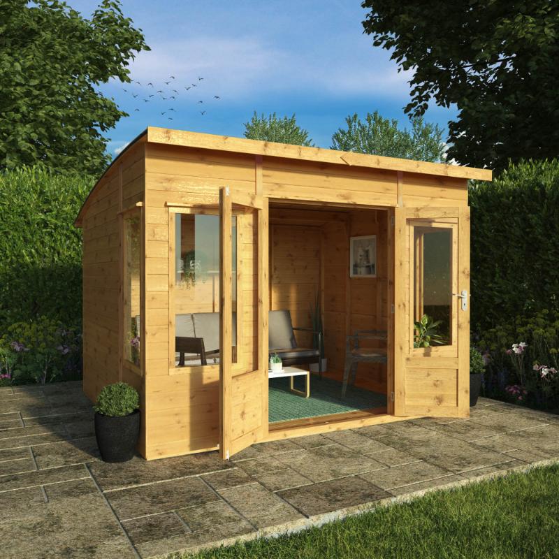 The 10x8 foot Mercia Helios Summerhouse in a sunny garden with open double doors.