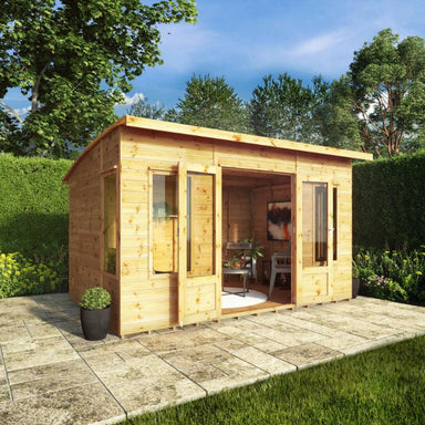 The Mercia Helios Summerhouse 12x8 foot in a sunny garden with open double doors.