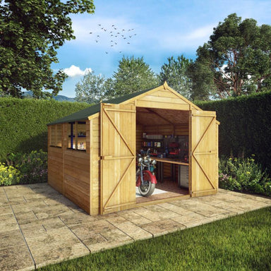 The Mercia Overlap Apex Shed 10x10 foot with open double doors showing it being used as a workshop/garage in a sunny garden setting.