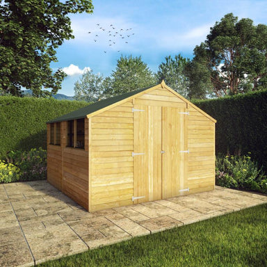 A front-right view of the Mercia Overlap Apex Shed 10x10 foot in a sunny garden setting.