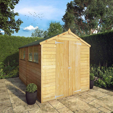 The Mercia Overlap Apex shed with closed double doors in a sunny garden setting.
