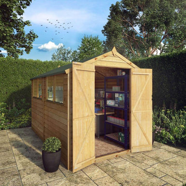 The Mercia Overlap Apex shed 10x6 foot with open double doors in a sunny garden.