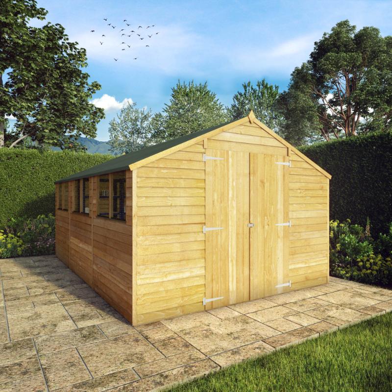 The Mercia Overlap Apex shed 15x10 foot in a sunny garden setting with closed double doors.