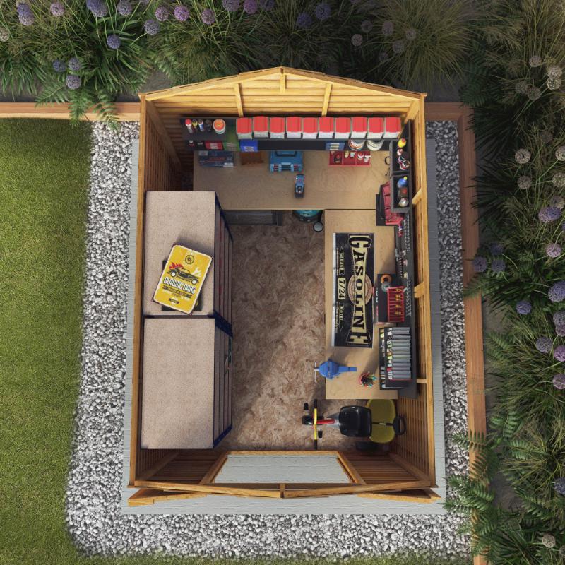 A birds eye view of the Mercia Overlap Apex shed 8x6 foot showcasing it being used as a workshop.
