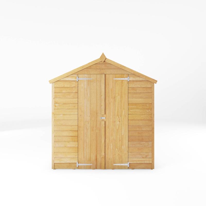 A front view of the Mercia Overlap Apex shed 8x6 foot with closed double doors and a white background.