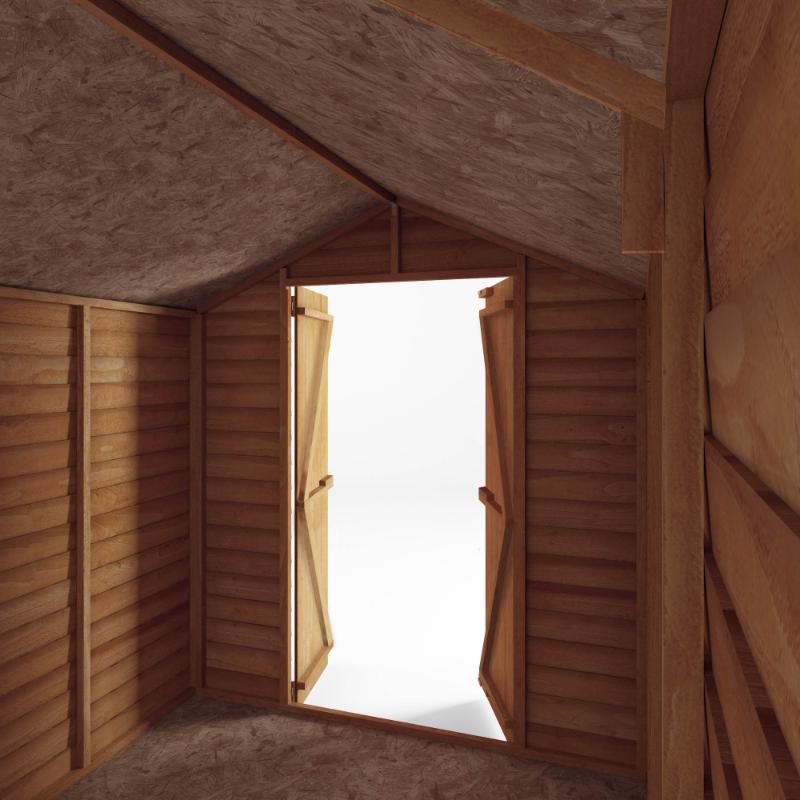 The interior of the Mercia Overlap Apex shed 8x6 foot looking out of the open double doors into a white background.