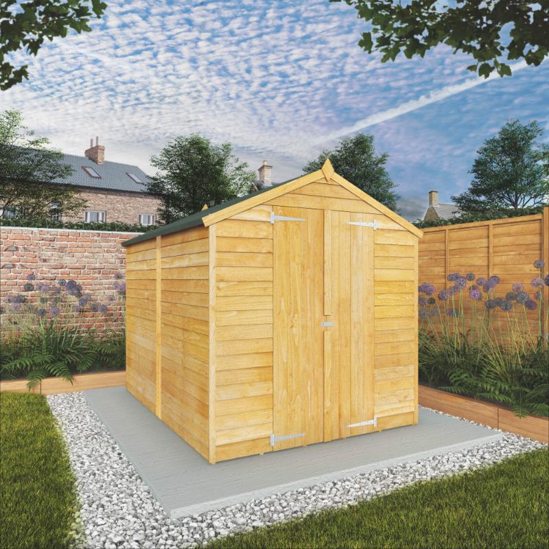 The Mercia Overlap Apex shed in a sunny garden setting with closed double doors.