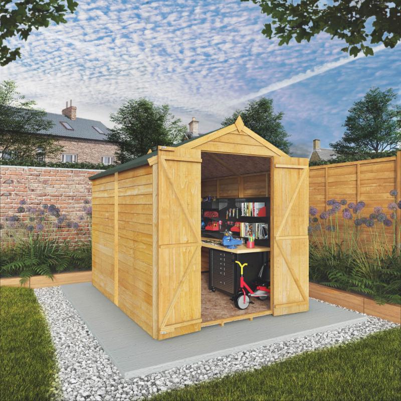 The Mercia Overlap Apex Shed 8x6 foot in a sunny garden setting with open double doors looking into it being used as a workshop