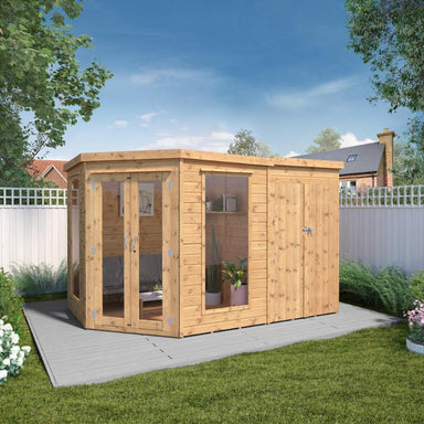 A front view of the Mercia 11x7 pent shiplap summer house with closed double doors in a sunny garden setting.