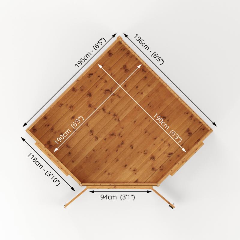 A birds eye view of the Mercia Premium Corner Summerhouse 7x7 foot with width, length, and door width measurements.