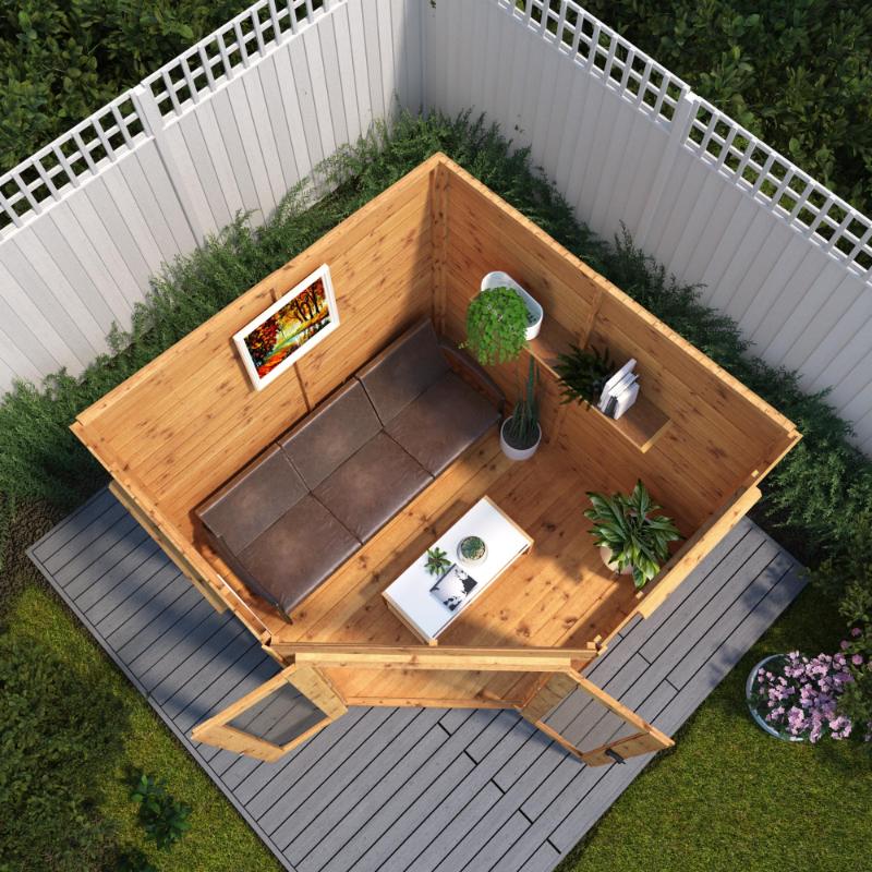 A birds eye view of the Mercia Premium Corner Summerhouse 7x7 foot showing the interior being used as a lounge.
