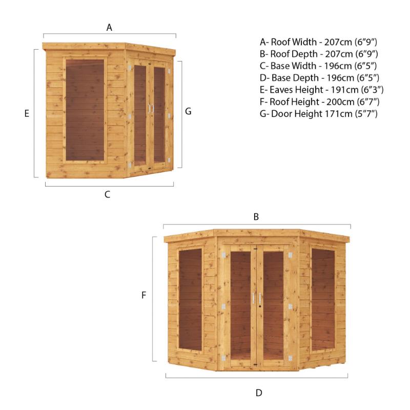 A front and side view of the Mercia Premium Corner Summerhouse 7x7 foot with all dimensions.