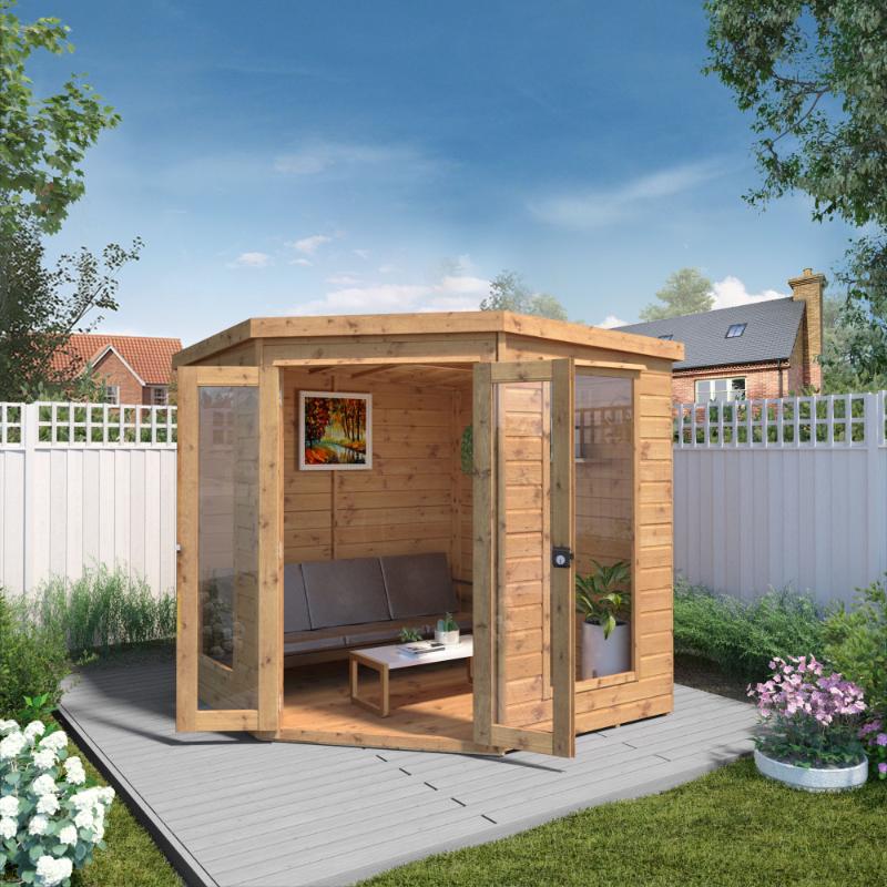 The Mercia Premium Corner Summerhouse 7x7 foot with open double doors in a sunny garden setting.