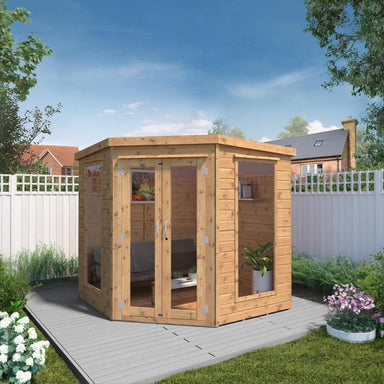 A front view of the Mercia Premium Corner Summerhouse 7x7 foot in a sunny garden setting.