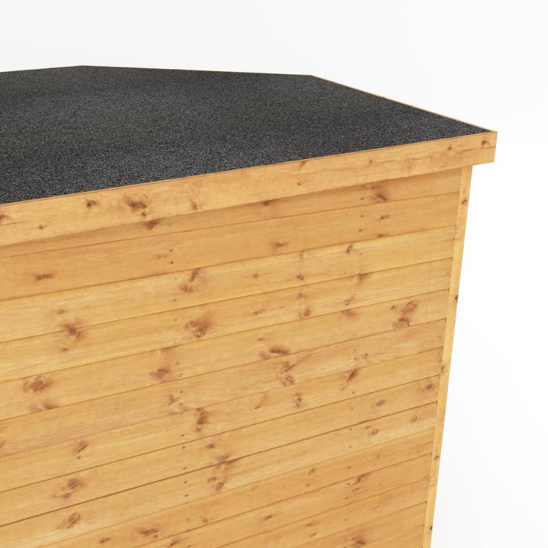 A close up of the roof of the Mercia Premium Corner Summerhouse 7x7 foot, showing the felt roofing layer and the eave.