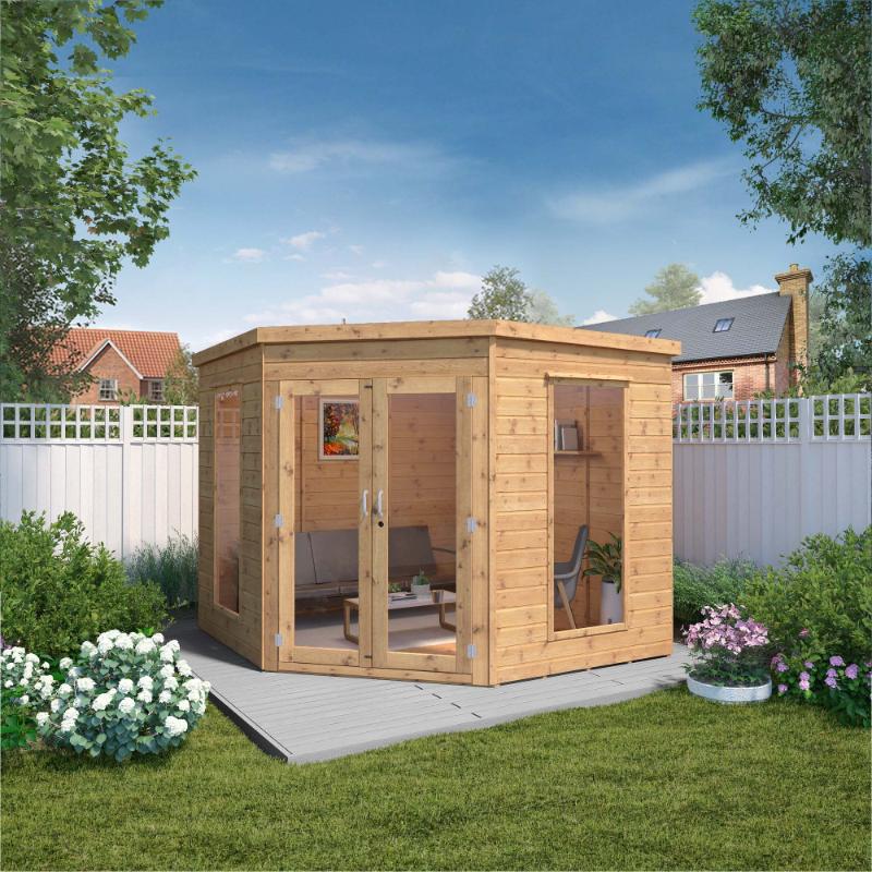 A front view of the Mercia Premium Corner Summerhouse 8x8 foot in a sunny garden setting.