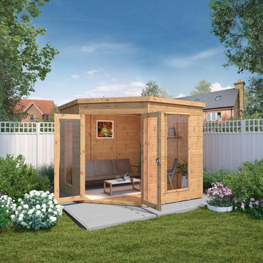A front view of the Mercia Premium Corner Summerhouse 8x8 foot with open double doors in a sunny garden setting.