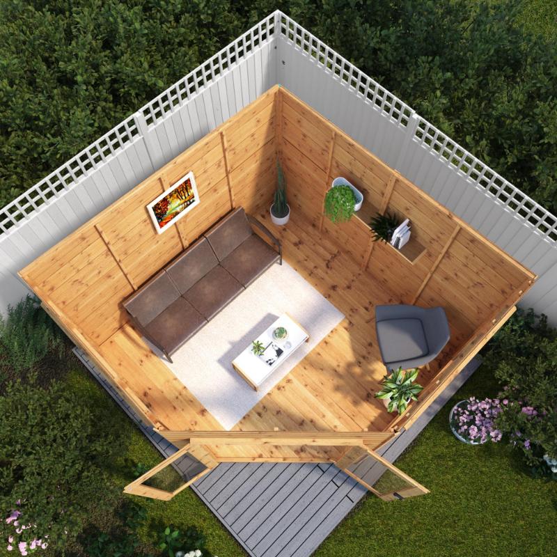 A birds eye view of the Mercia Premium Corner Summerhouse showcasing the interior being used as a modern lounging area.