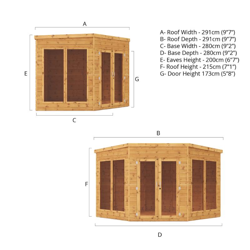 A front and side view of the Mercia Premium Corner Summerhouse with all dimensions displayed.