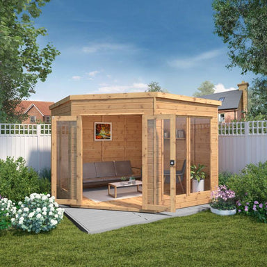 The Mercia Premium Corner Summerhouse with open double doors in a sunny garden setting.