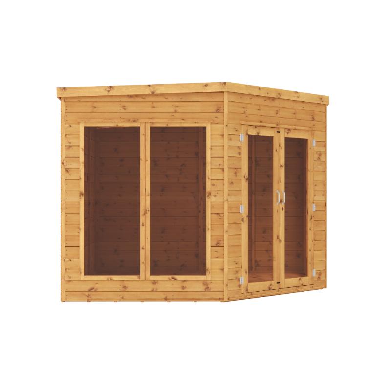 A right side view of the Mercia Premium Corner Summerhouse with a white background.