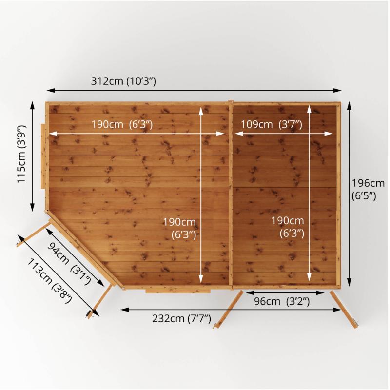 A birds eye view of the Mercia 11x7 summer house with side shed showing the width, length, and door width measurements.