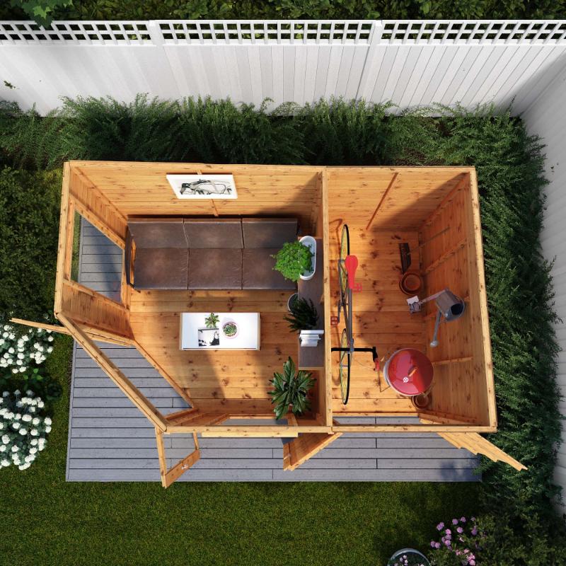 A birds eye view of the Mercia 11x7 pent shiplap summer house with side shed showcasing the interior as a lounge and storage shed.