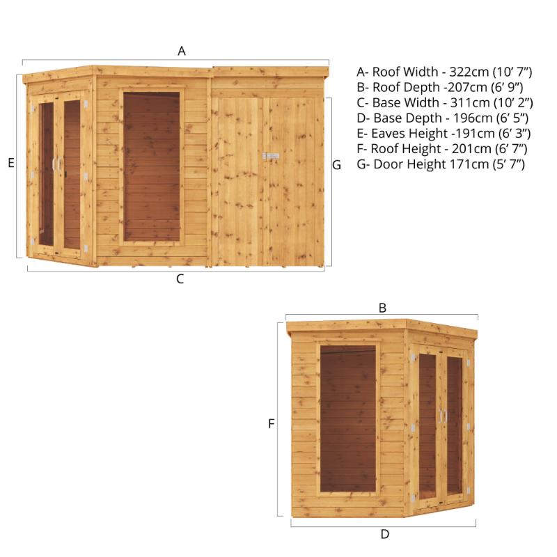 A front and side view of the Mercia 11x7 pent shiplap summer house with side shed displaying all of its dimensions.