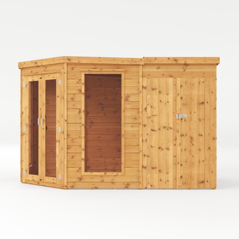 A left side view of the Mercia 11x7 summer house with side shed with a white background.