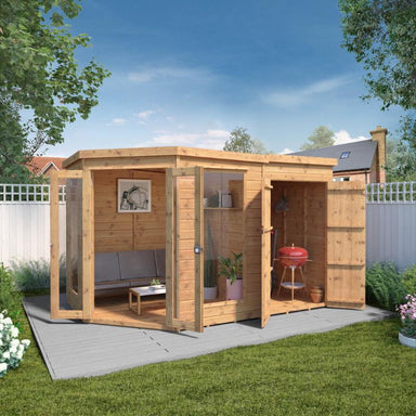 A front view of the Mercia 11x7 pent shiplap summer house with open double doors and side shed in a sunny garden setting.