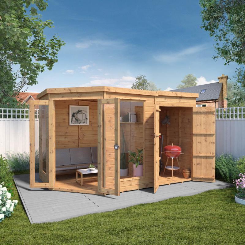 A front view of the Mercia 11x7 pent shiplap summer house with open double doors and side shed in a sunny garden setting.