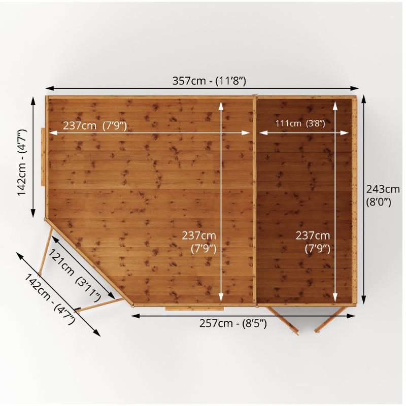 A birds eye view of the Mercia Corner Summerhouse with Side Shed 12x8 showing the width, length, and both door width measurements.