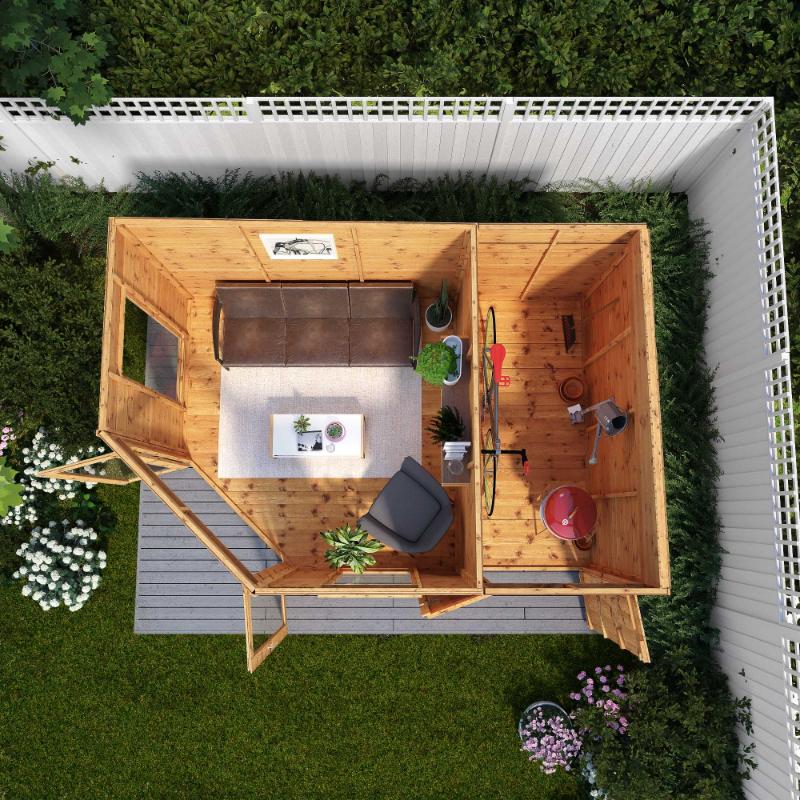 A birds eye view of the Mercia Corner Summerhouse with Side Shed 12x8 showcasing the interior being used as a lounge and storage area.