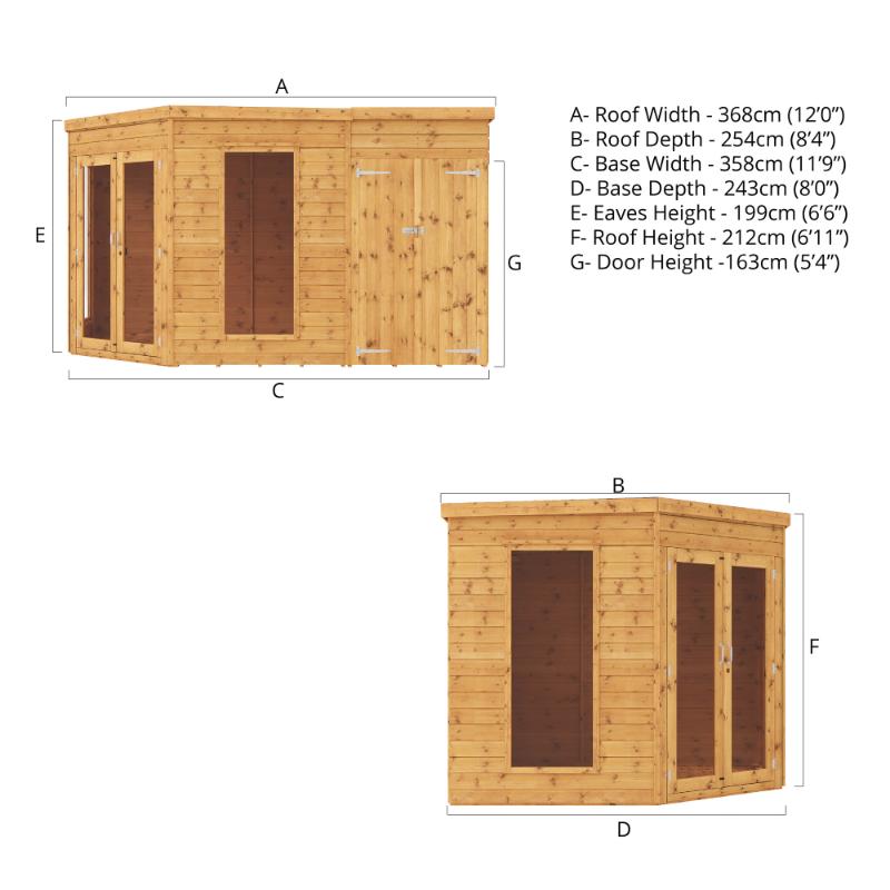 A front and side view of the Mercia Corner Summerhouse with Side Shed 12x8 displaying all of it's dimensions.