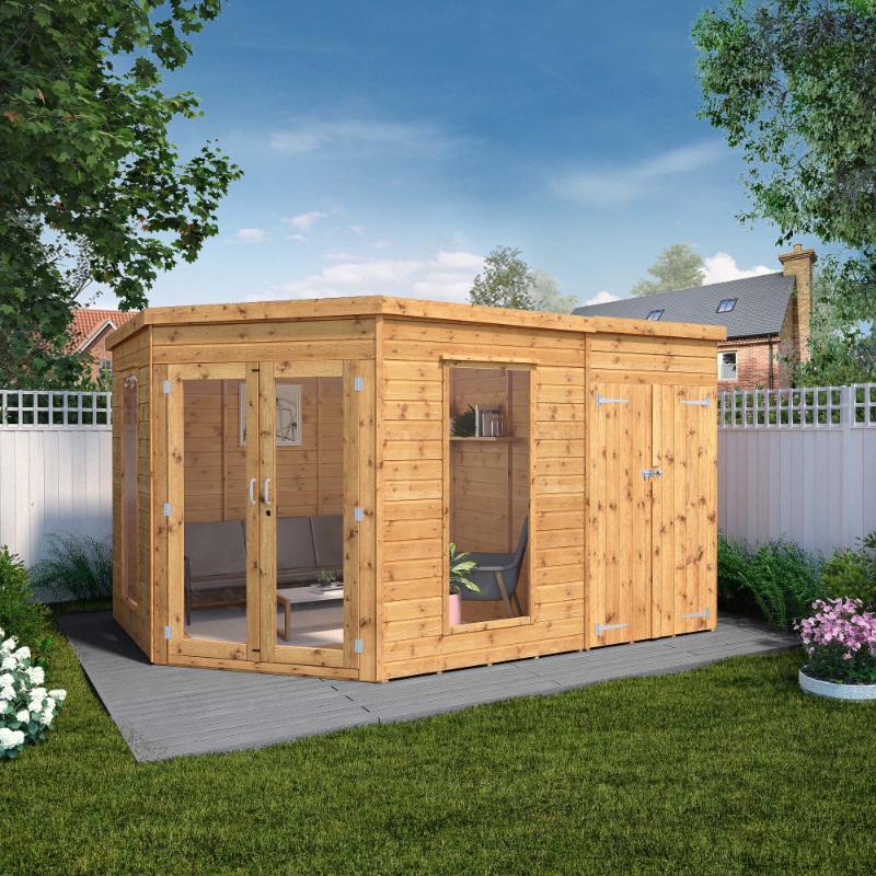 A front view of the Mercia corner summerhouse with side shed 12x8 in a sunny garden setting.
