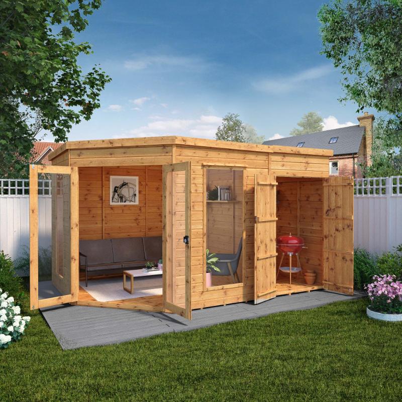 The Mercia Corner Summerhouse with Side Shed 12x8 with open double doors in a sunny garden setting.