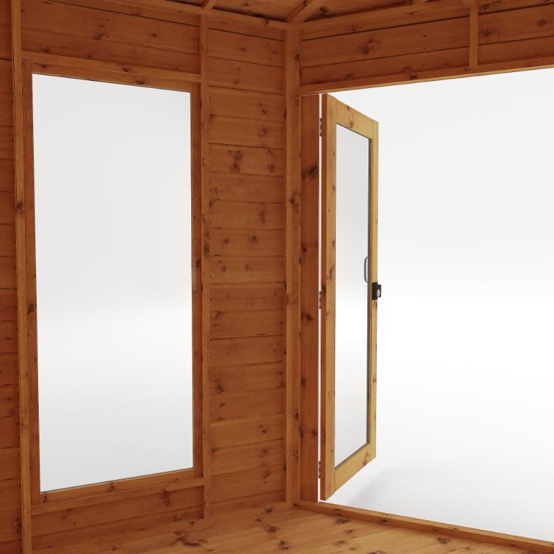 Looking out of the Mercia Corner Summerhouse with Side Shed 12x8's double doors from within.