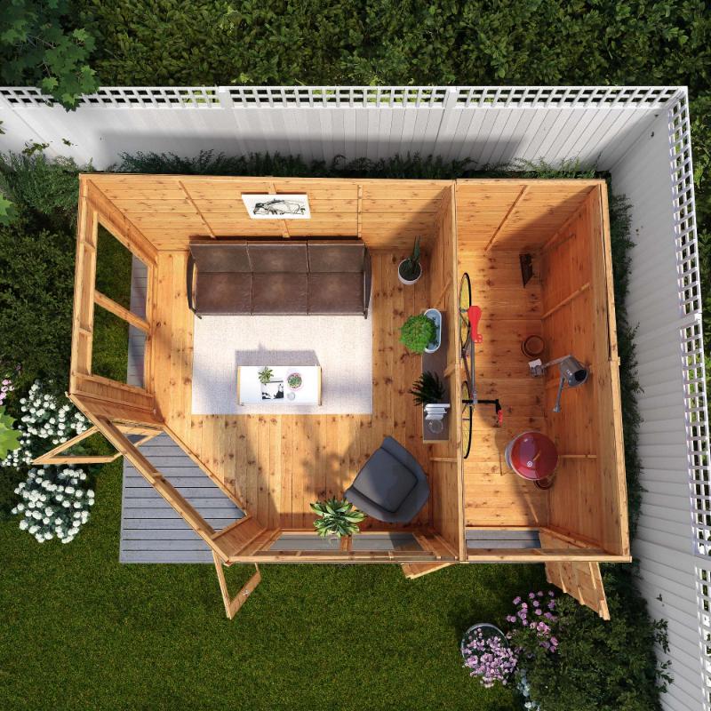A birds eye view of the Mercia Corner Summerhouse with Side Shed showcasing it being used as a lounging area and storage shed.