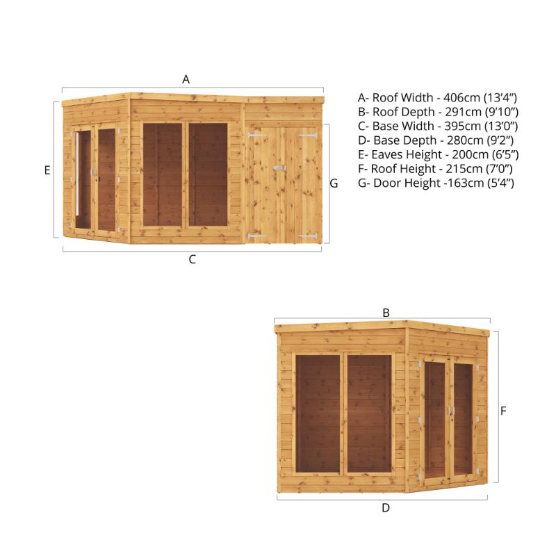 A front and side view of the Mercia Corner Summerhouse with Side Shed displaying all of it's dimensions.