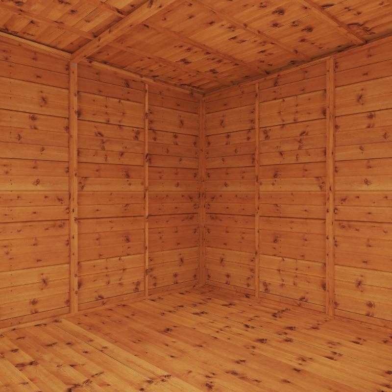 The interior of the Mercia Corner Summerhouse with Side Shed showing the framing, timber cladding, roofing, and flooring.