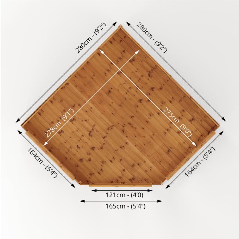 A birds eye view of the Mercia Premium Corner Summerhouse with width, length, and door width measurements.