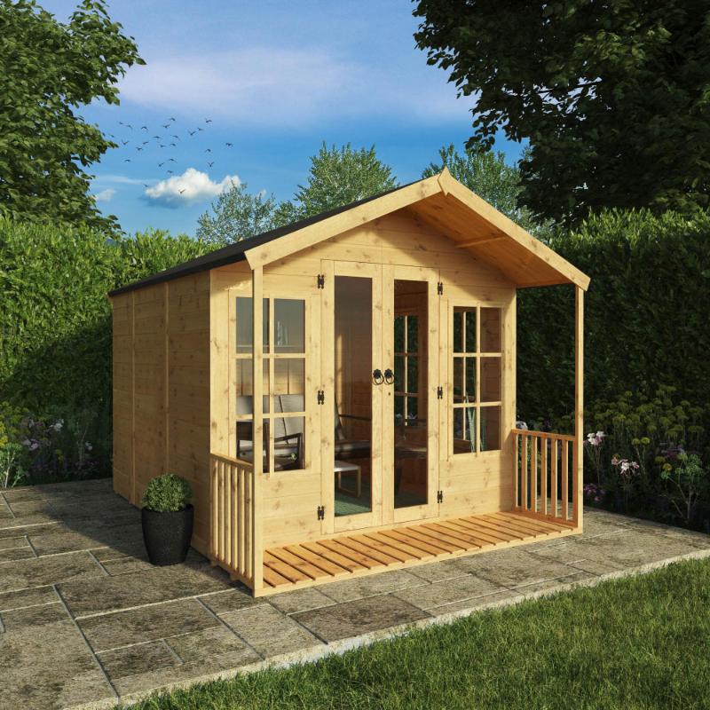 The Mercia Wessex Summerhouse 10x8 foot in a sunny green garden setting with closed double doors.