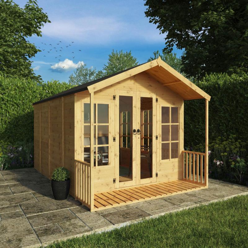 The front of the Mercia Wessex Summerhouse 12x8 foot in a sunny garden setting with closed double doors.
